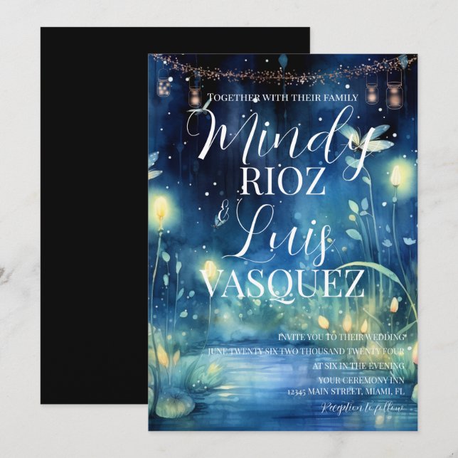 Cute Fireflies String Lights Wedding Invitation (Front/Back)