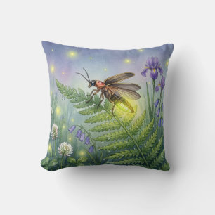 Cute Firefly and Flowers Tiny Insects  Throw Pillow