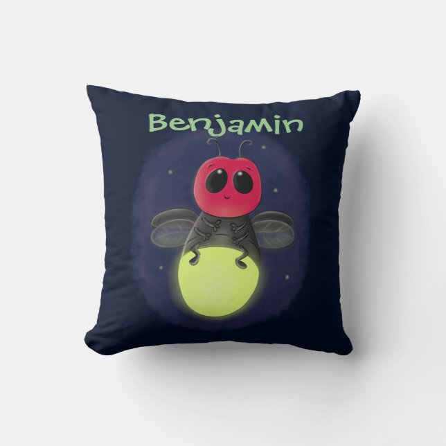 Cute firefly lighting bug cartoon illustration throw pillow (Front)