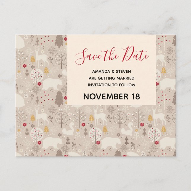 Cute Firest Animals Pattern Save the Date Wedding Invitation Postcard (Front)