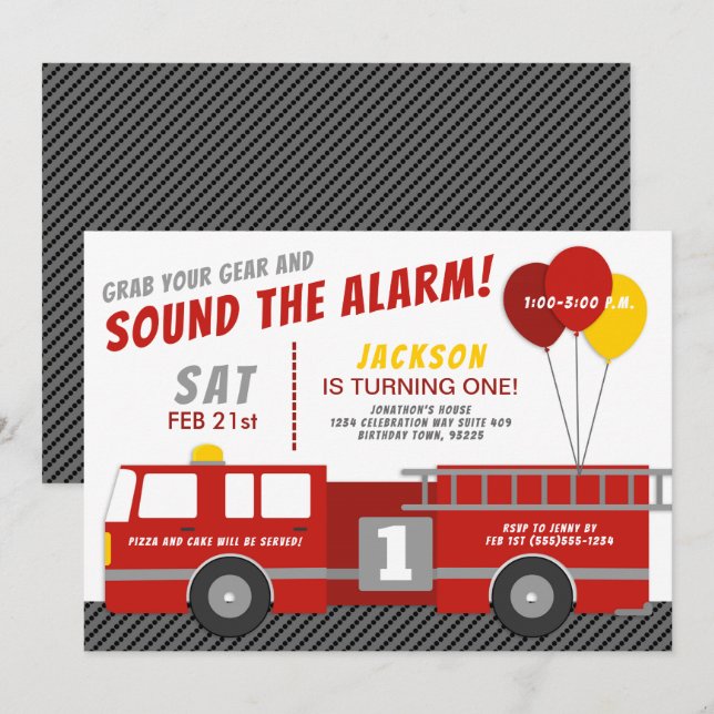 Cute Firetruck Birthday Party Invitation (Front/Back)