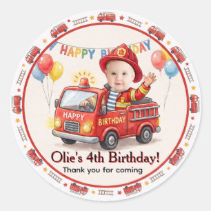Cute Firetruck Custom Photo Boy Birthday Party Classic Round Sticker