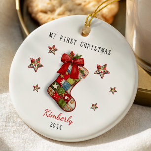 Cute first baby Christmas patchwork stocking Ceramic Ornament