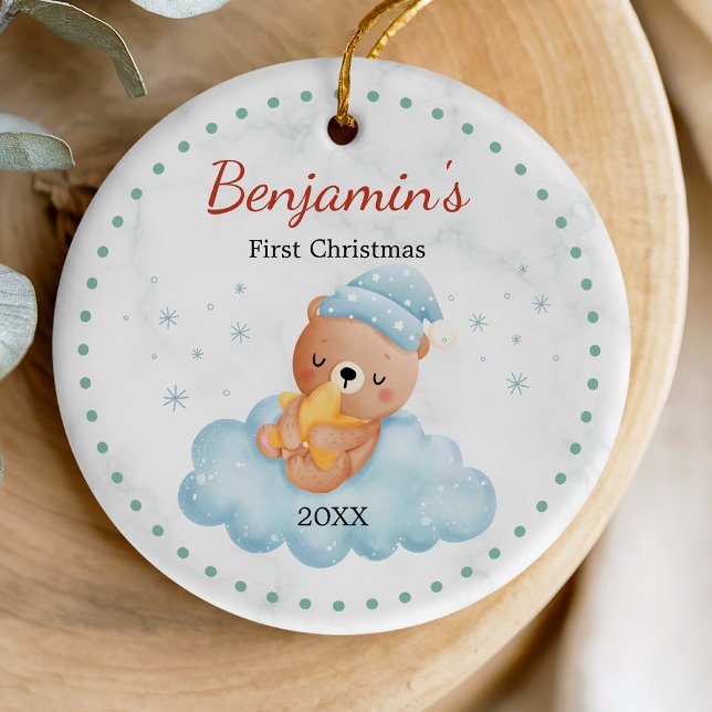 Cute first baby Christmas teddy bear blue Ceramic Ornament (Creator Uploaded)