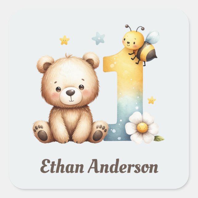 Cute First Birthday Bear and Bee Square Sticker (Front)
