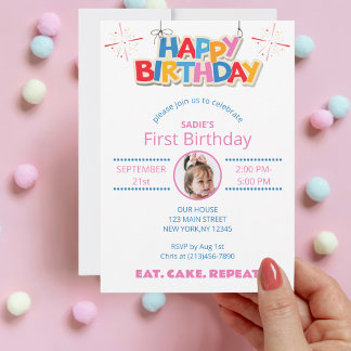 Cute First Birthday Photo Colourful Fun Custom Invitation