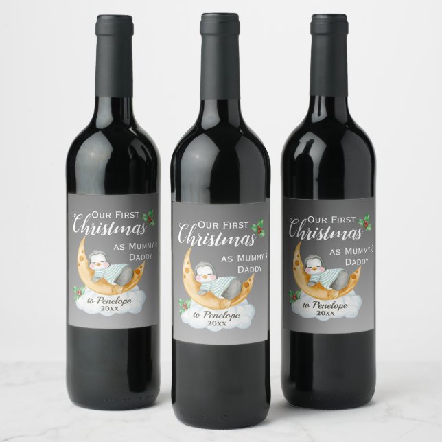 Cute First Christmas as Mommy & Daddy Baby Penguin Wine Label (Bottles)