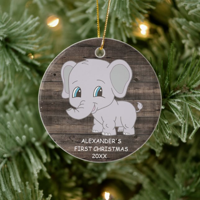 Cute First Christmas Elephant Boy Baby's Ceramic Ornament (Tree)