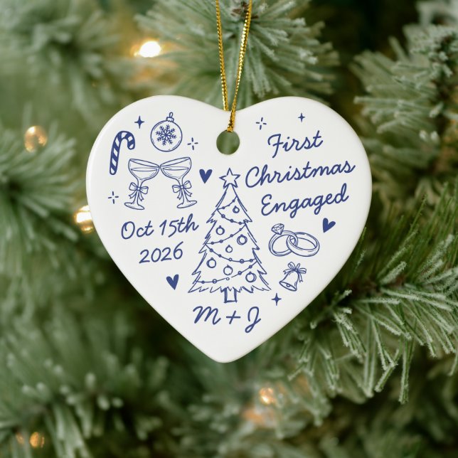 Cute First Christmas Engaged First Photo Ceramic Ornament (Tree)