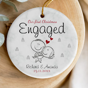 Cute first Christmas engagement cartoony couple  Ceramic Ornament