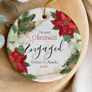 Cute first Christmas engagement Poinsettia flower Ceramic Ornament