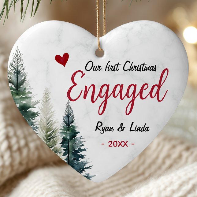 Cute first Christmas engagement red heart trees Ceramic Ornament (Creator Uploaded)