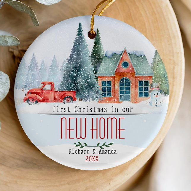 Cute first Christmas in our new home winter scene Ceramic Ornament (Creator Uploaded)