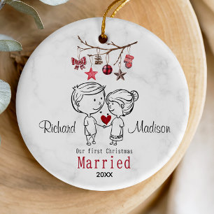 Cute first Christmas married cartoony couple  Ceramic Ornament