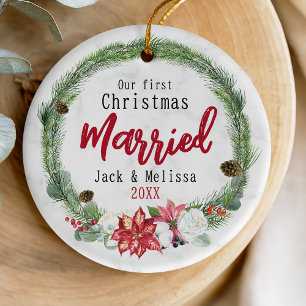 Cute first Christmas married green wreath Ceramic Ornament