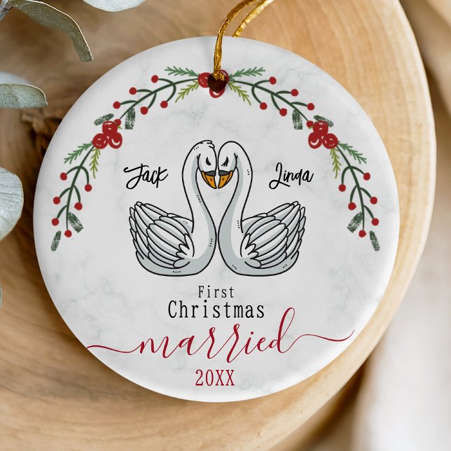Cute first Christmas married white birds Ceramic Ornament (Creator Uploaded)
