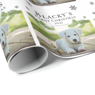 Cute First Christmas Pine Puppy Dog Pet Photo Wrapping Paper