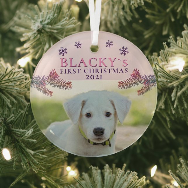 Cute First Christmas Puppy Pink Christmas Photo Glass Ornament (Insitu)