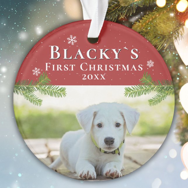 Cute First Christmas Puppy Red Christmas Photo Ornament (Creator Uploaded)
