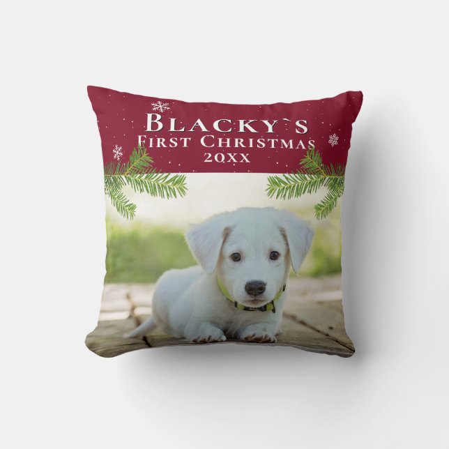 Cute First Christmas Puppy Red Christmas Photo Throw Pillow (Front)