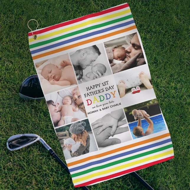 Cute First Father's Day Daddy | Photo Collage Golf Towel (Creator Uploaded)