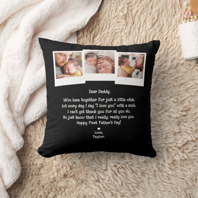 Cute First Father's Day Poem 3-Photo Collage Throw Pillow (Blanket)