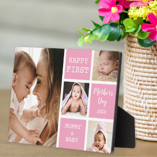 Cute First Mother's Day Pink 4 Photo Collage   Plaque