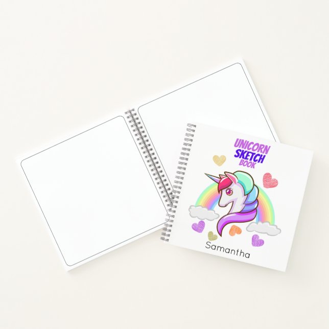 Cute First Name Rainbow Hearts Unicorn Sketch Notebook (Inside)
