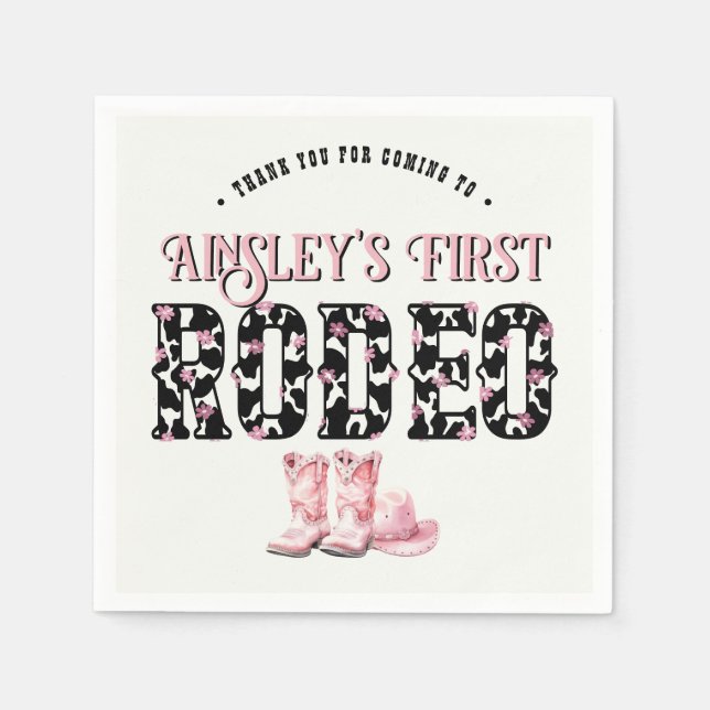 Cute First Rodeo Pink Personalized 1st Birthday Napkin (Front)