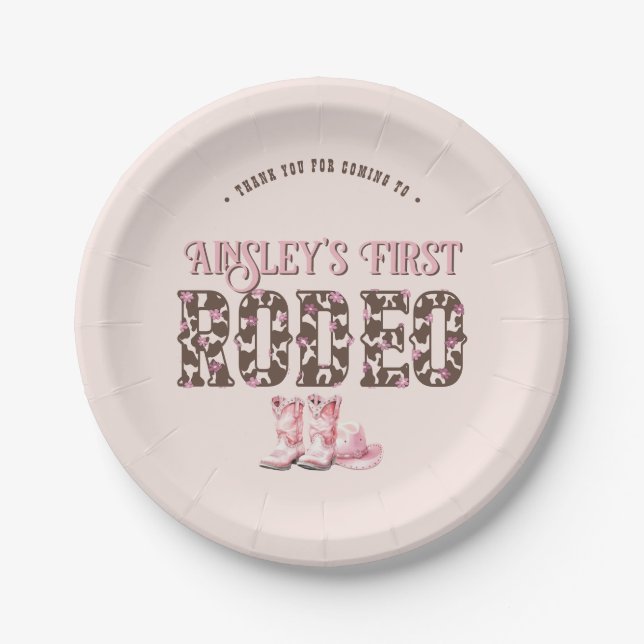 Cute First Rodeo Pink Personalized 1st Birthday Paper Plate (Front)