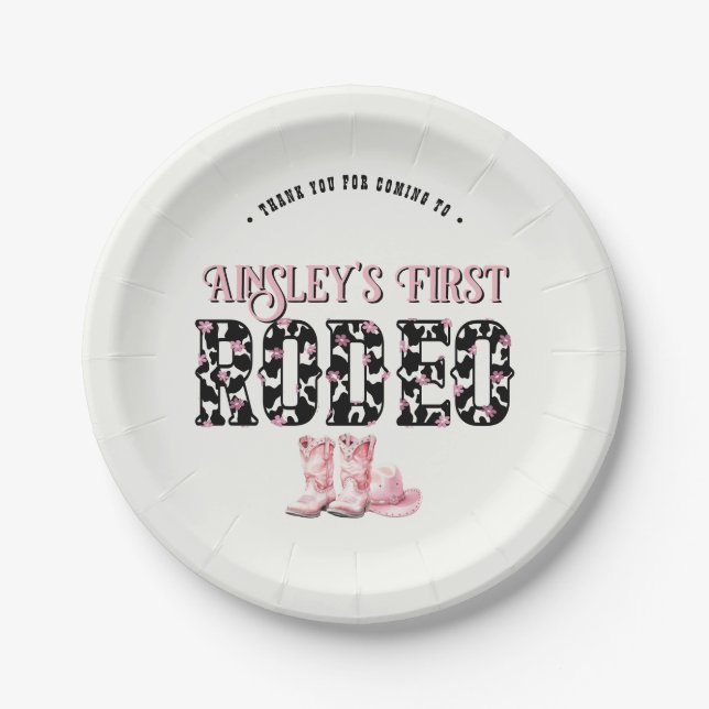 Cute First Rodeo Pink Personalized 1st Birthday Paper Plate (Front)