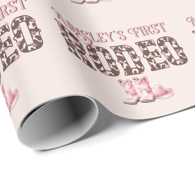Cute First Rodeo Pink Personalized 1st Birthday Wrapping Paper (Roll Corner)