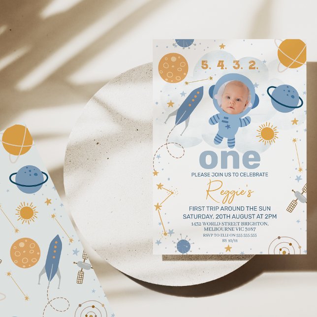 Cute First Trip Around the Sun 1st Birthday  Invitation (First trip around the sun 1st birthday invitation with photo in astronaut's helmet. Outer space )