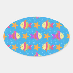 Cute Fish And Starfish Pattern Oval Sticker