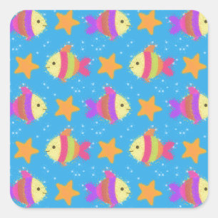 Cute Fish And Starfish Pattern Square Sticker