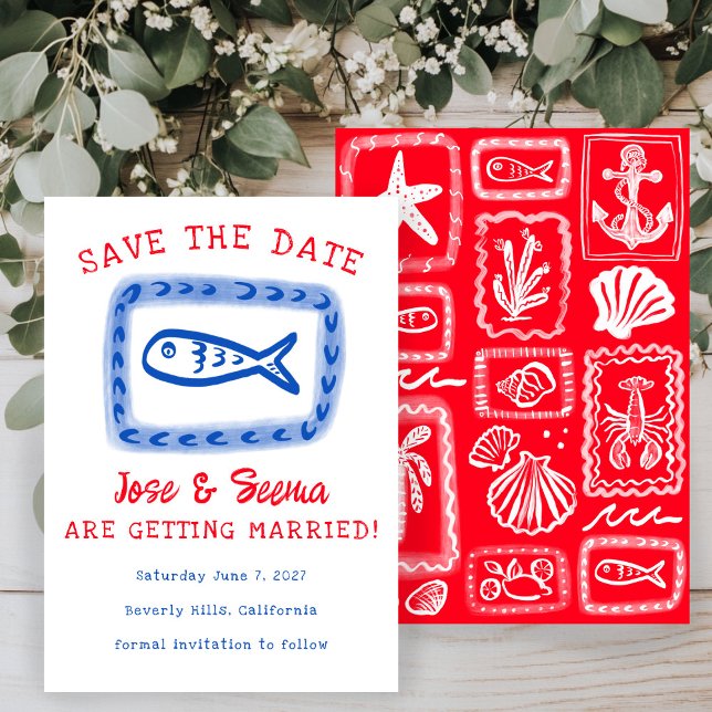 Cute Fish Hand Drawn Sweet Red Blue Custom  Save The Date (Cute Fish Hand Drawn Sweet Red Blue Custom Save The Date
)