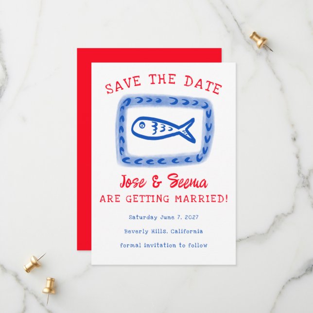 Cute Fish Hand Drawn Sweet Red Blue Custom  Save The Date (Front/Back In Situ)
