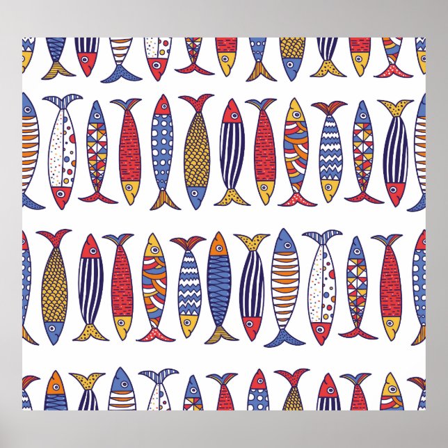 Cute Fish Illustration: Kids Seamless Background Poster (Front)