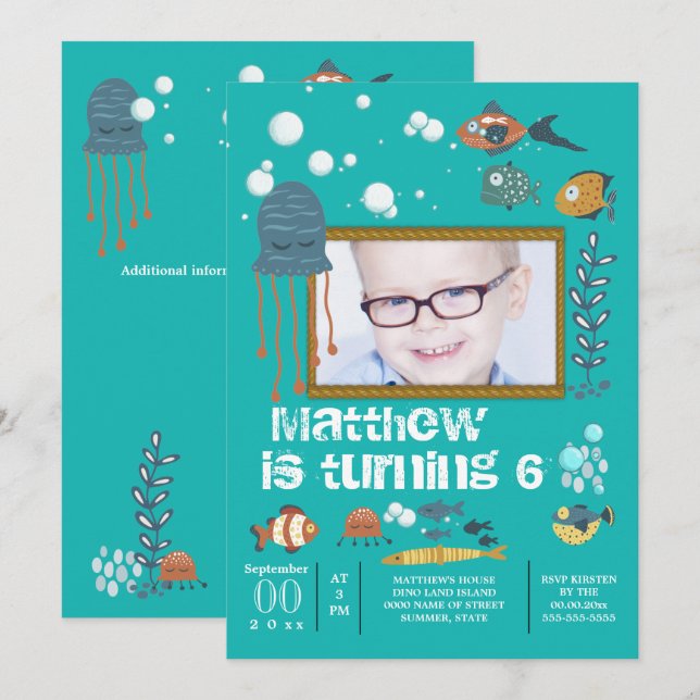 Cute fish octopus bubbles under the sea photo invitation (Front/Back)