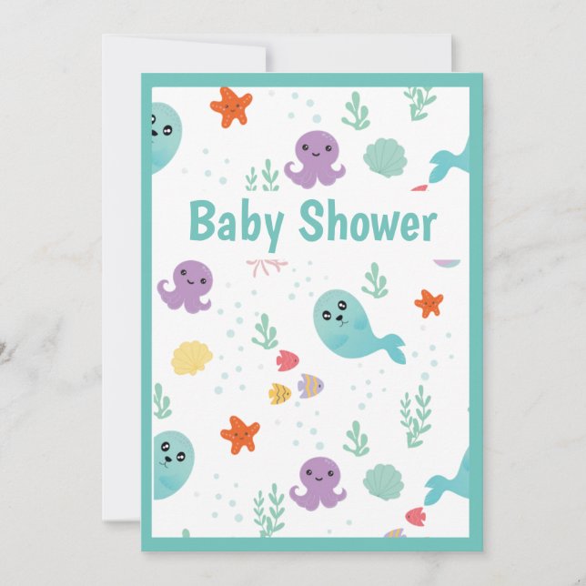 Cute Fish Octopus Mint Green Purple Baby Shower Invitation (Front)