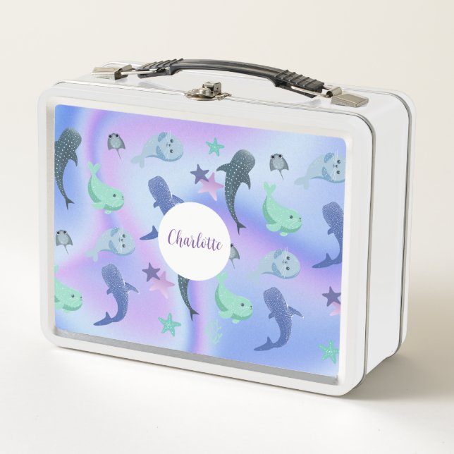 Cute Fish seal Ray Whale on gradient Rainbow Metal Lunch Box (Front)