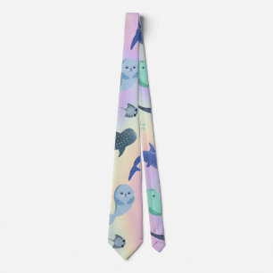 Cute Fish seal Ray Whale on gradient Rainbow Tie