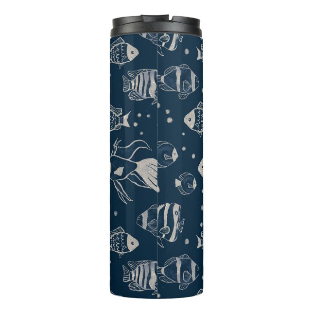 Cute Fish Sketch On Dark Blue Water Thermal Tumbler (Back)