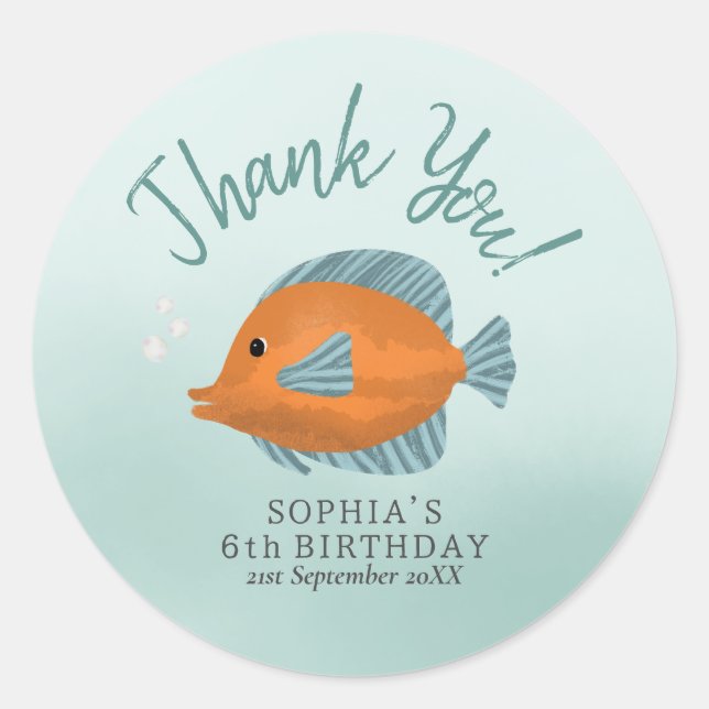 Cute Fish Thank You Kids Birthday Classic Round Sticker (Front)