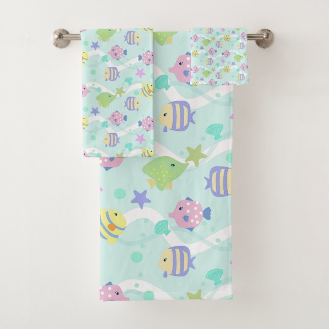 Cute Fishes Pastel Blue Bath Towel Set (Insitu)