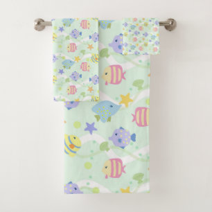 Cute Fishes Pastel Green Bath Towel Set