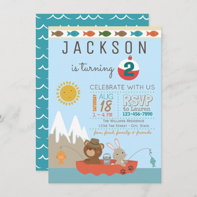 Cute Fishing Anniversaire Fête Invitations (Devant / Derrière)