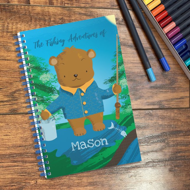 Cute Fishing Brown Bear Kid Spiral Notebook (Kid personalized (summer) fishing journal  . )