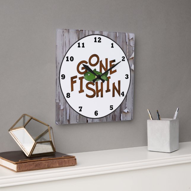 Cute Fishing cabin word art fish wall clock (Office)