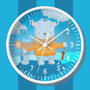 Cute Fishing Polar Bear Kid Wall Clock with Name